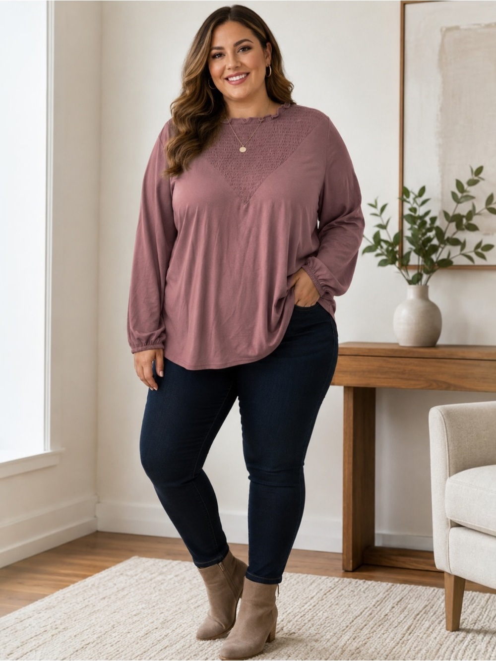 LuLaRoe Clara Smock Blouse 2XL Mauve Ruffle Neck Long Sleeve Modal Plus